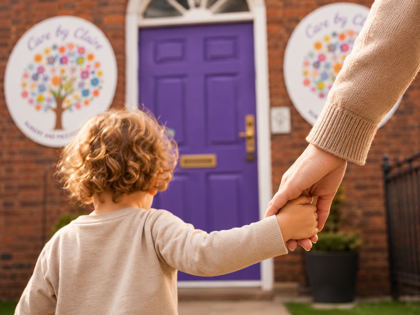 A child walking towards Care by Claire nursery with an adult